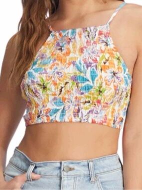 Roxy Smocked Tropical Pualani Strap Crop Top Blue, Pink, Green, Orange large